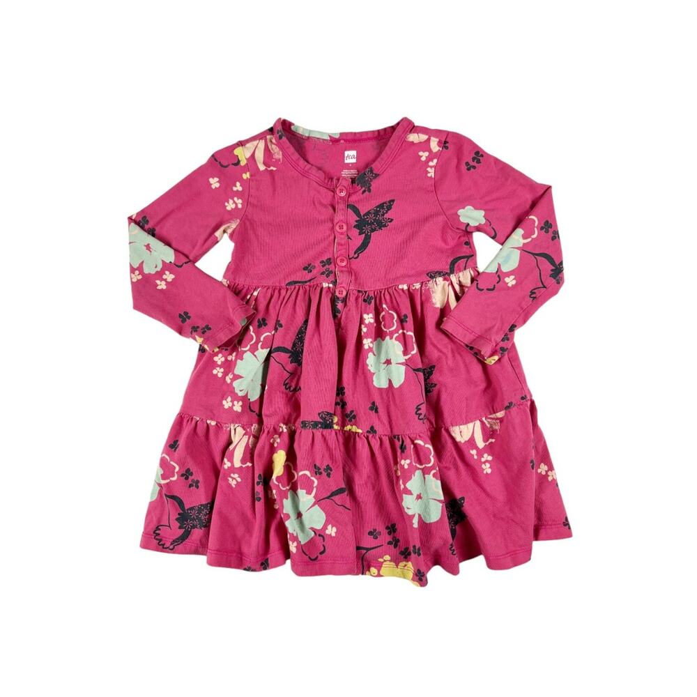 Tea Collection Hummingbird Floral Henley Tiered Dress Pink Size 4